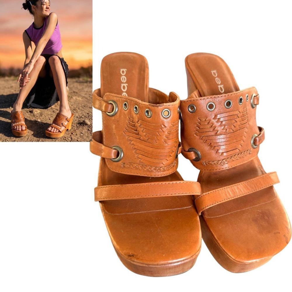 Stunning rare vintage 90s Bebe chunky wooden platform sandals 8.5-9 EUC - Picture 3 of 6